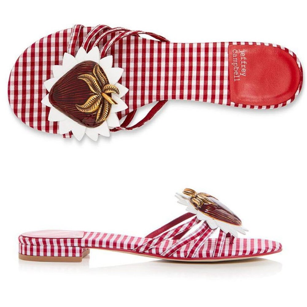 Jeffrey Campbell ABEEGAIL Red White Gingham Strawberry Sandals Sz 8